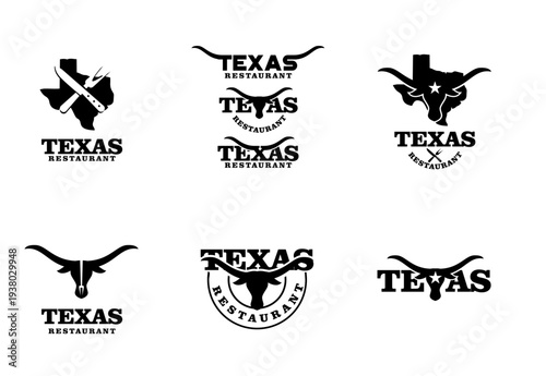 Texas Restaurant Logo Designs Collection Featuring Longhorn, State Map, and BBQ Knife and Fork Graphics