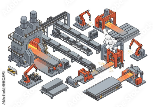 An isometric view of an industrial steel mill featuring machinery robotic arms and glowing molten steel