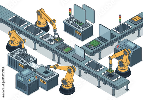 Factory assembly line illustration with robots working on mobile phones