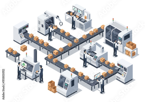 Depicts a factory assembly line with conveyor belts machinery workers and cardboard boxes