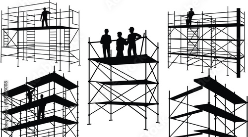 Construction scaffolding silhouettes collection, builders working on metal scaffold platforms at building site, industrial construction vector illustration set