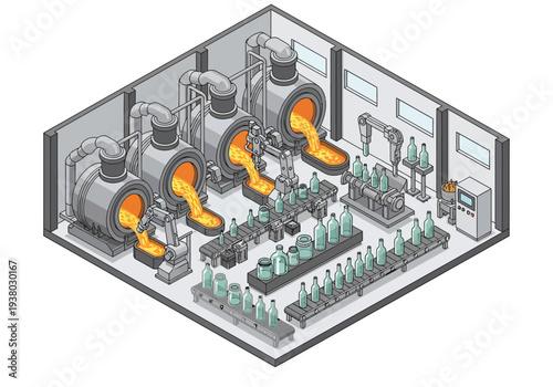 Factory interior with three furnaces molten material pouring conveyor belts with bottles Robotic arms assist