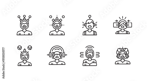Human Head Icons with Various Accessories Representing Thoughts or Communication