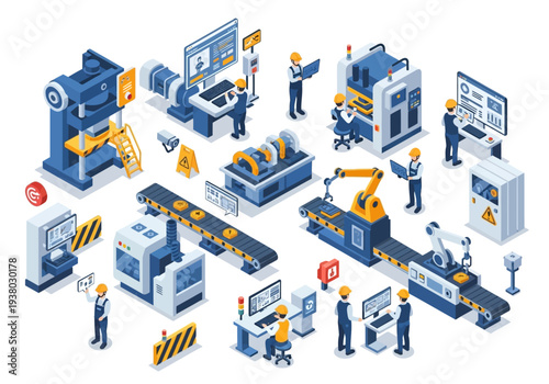 Factory production illustration with machines workers and products