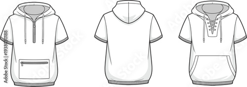 Unisex hoodie technical fashion flat, short sleeve hooded sweatshirt with zipper pocket and lace up front, front back CAD drawing