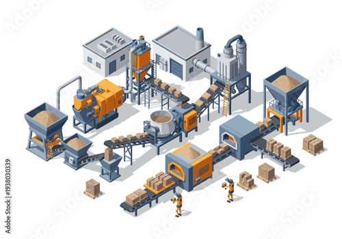 Industrial isometric illustration factory machines conveyor belts workers boxes buildings silos