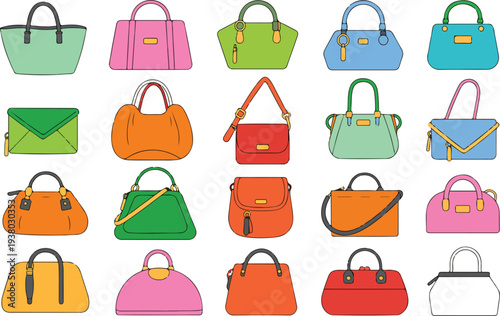 Fashion handbag and purse vector set with stylish clutches tote bags and luxury accessories for retail shopping