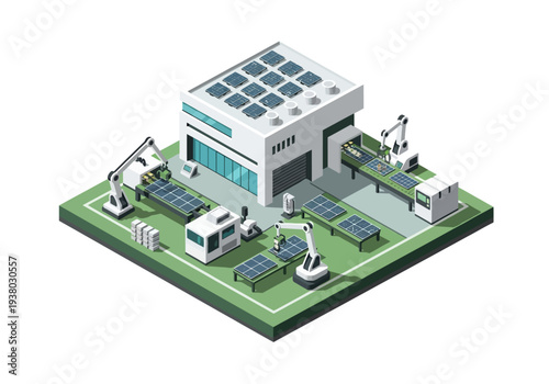 Isometric factory illustration with solar panels on roof Robotic arms assemble
