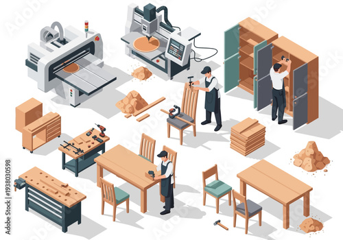 Isometric illustration depicting woodworking Includes machines workbenches tools assembled furniture and workers