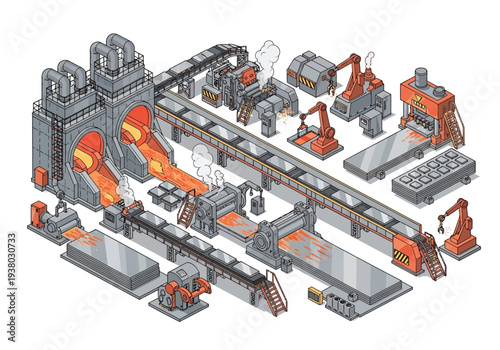 Isometric illustration of a factory floor showing metalworking machines molten metal flows and robotic arms