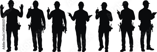Construction worker silhouettes collection, builders and contractors with tools standing poses, industrial labor vector illustration isolated icons set