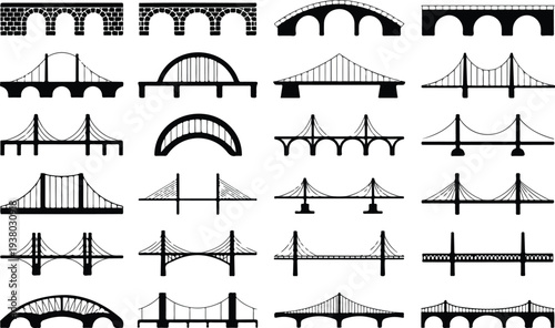 Bridge silhouette vector set with suspension arch and cable-stayed designs for urban planning travel and civil engineering graphics