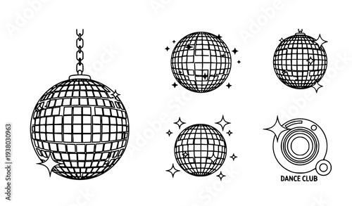 Nightclub Disco Ball Outline Icon Set Mirror Dance Party Vector