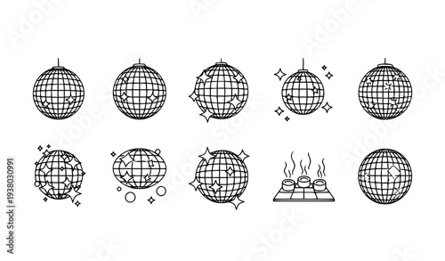Minimal Disco Ball Line Icons Set Party Dance Nightclub Vector