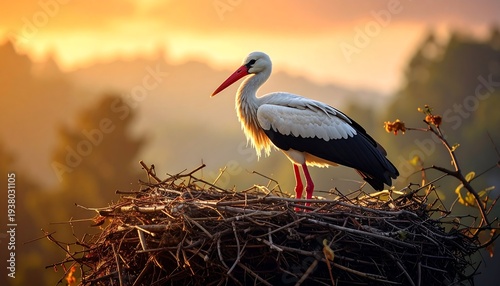 Stork perches on large nest against a warm, sunny, wooded backdrop, bright feathers catching the golden hour light