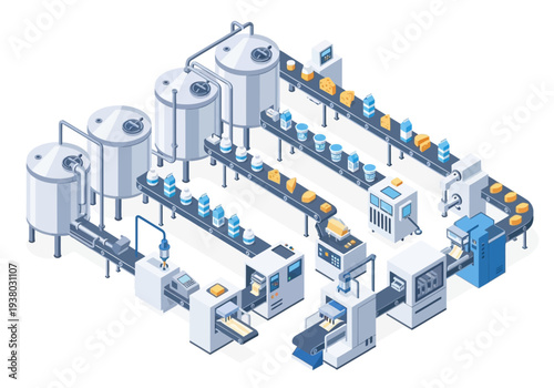 Isometric view of a dairy product processing factory with tanks conveyors and packaging machinery