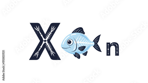 Fun alphabet learning card for the letter X, featuring an x-ray fish with visible bones and stylized capital and lowercase letters.