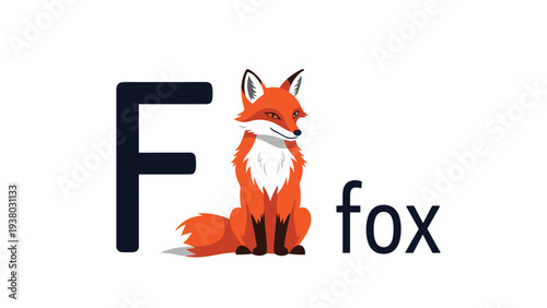 English alphabet flashcard for the letter F, featuring a clever-looking red fox sitting next to the letter and the word 'fox'.