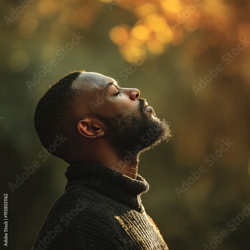 Adult Man Breathing Fresh Air in the Park or Forest. It can be used or mental health, inspiration, and well-being. Suitable for projects conveying messages of relaxation, stress reduction