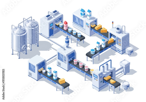 Isometric view of a dairy processing facility with tanks machines and conveyor belts carrying milk cartons cheese and yogurt cups