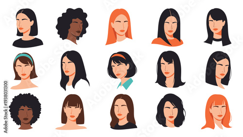 Set of abstract portraits of diverse women with various hairstyles and ethnicities, showcasing female diversity and modern beauty.