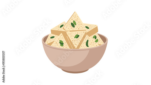 Bowl of fresh paneer or tofu cubes, a common ingredient in Indian and Asian cuisine, garnished with green herbs for flavor.