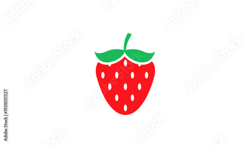 Simple Red Strawberry Icon with Green Leaves and White Seeds