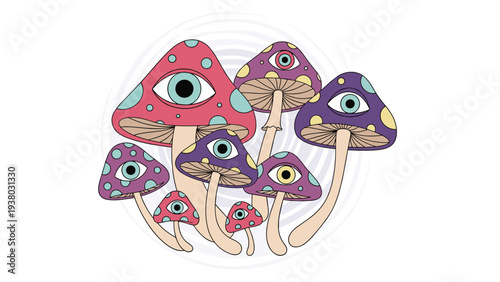 Groovy and psychedelic illustration of a cluster of colorful magic mushrooms, each with a large eye on its cap for a trippy vibe.