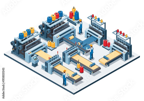 Isometric view of a factory floor with textile machinery spools and workers
