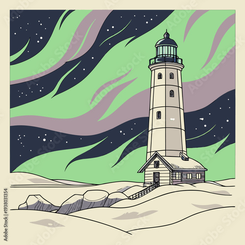 A minimalist vector illustration of a lighthouse under the northern lights