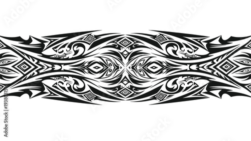 Symmetrical black and white tribal tattoo design with sharp, intricate patterns, suitable for an armband or decorative border.
