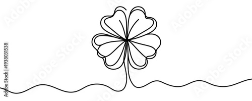 Three-leaf clover in one line art style. Symbol of luck and St. Patrick's Day drawn with one continuous black line. Vector illustration.