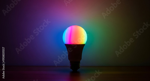 Vibrant multicolor LED light bulb glowing brightly in dark space