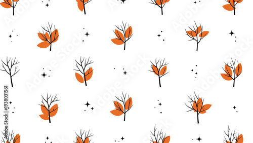 Minimalist and simple seamless autumn pattern with small trees losing their orange leaves and scattered stars on a white background.