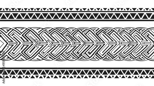 Black and white Polynesian or Maori style seamless tribal border pattern, featuring intricate geometric and woven designs.