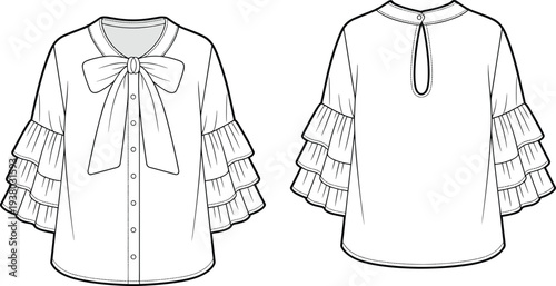 Women blouse technical fashion flat, bow tie neckline, layered ruffle sleeves, front back view, CAD drawing apparel template design vector