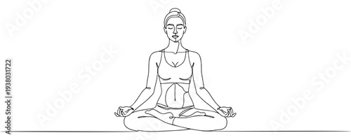 Woman in lotus position in line art style. Minimalist drawing of a girl practicing yoga or meditation made in a single continuous line. Vector illustration for health and harmony themes.