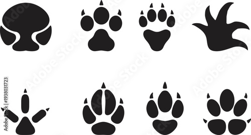 Animal footprint and paw print icon set including dog cat bear and bird tracks silhouette vector collection