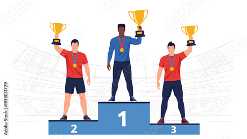 Diverse athletes celebrating on a winner's podium, holding gold trophies and wearing medals for first, second, and third place.