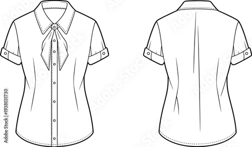 Women bow tie collared blouse technical fashion flat, short sleeve button shirt elegant style, front back CAD drawing