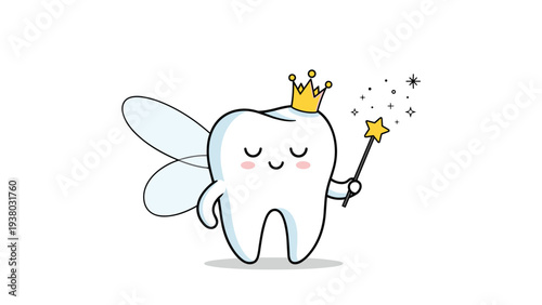 Cute tooth fairy character with a gold crown, wings, and a magic wand, representing children's dentistry and losing baby teeth.