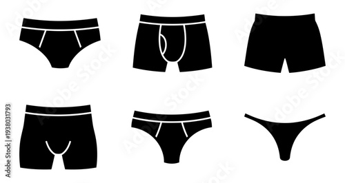 A set of black silhouette icons of various types of men's underwear, including briefs, boxers, and thongs. Vector illustration.