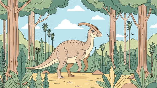 Cute Parasaurolophus dinosaur walking through a prehistoric jungle landscape with lush trees, ferns, and a blue sky with clouds.