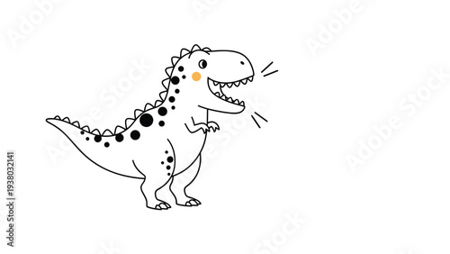 Cute Tyrannosaurus Rex dinosaur in a simple black and white line art style, roaring happily for a children's coloring book page.
