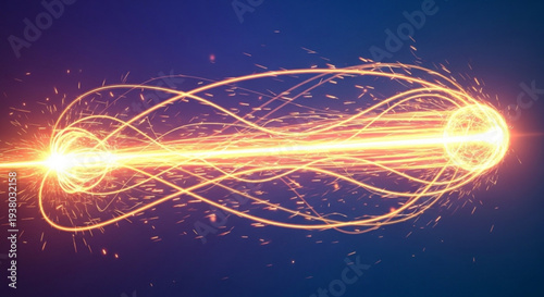 Glowing orange energy beam with swirling lines and sparks against a dark blue background representing power and technology