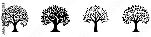 A set of four black silhouette icons of trees with lush leafy crowns. Each tree has a unique branch structure and leaf shape, symbolizing nature, life, and ecology.