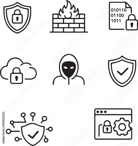 A suite of clear cybersecurity and data protection line icons, effectively representing internet security and crucial digital privacy measures.