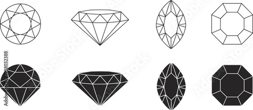 Diamond gem stone shapes vector set, luxury jewelry outline and silhouette icons for fashion design projects