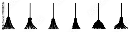 A set of six black silhouette icons of brooms and sweepers. A vector illustration symbolizing cleaning, housekeeping, or a magical attribute.