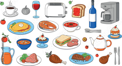 Breakfast lunch dinner food collection coffee toast sandwich soup cake tea meat vector illustration set